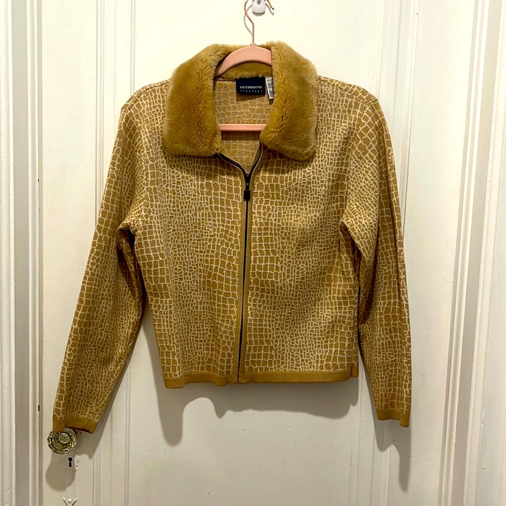 LIZ CLAIBORNE Beige Faux Fur Trimmed Animal Print Zip Front Sweater